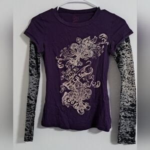 Blu Chic Rhinestone Sheer Attached Sleeve Purple and Black Women's Top